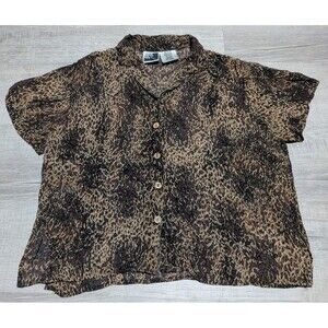 Vintage Phool 100% Rayon Button Down Shirt Women's XL Leopard Print Brown Sheer
